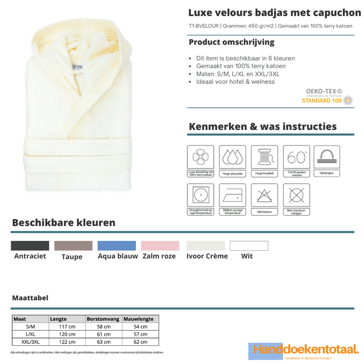 Luxe Fluwelen Badstof Badjas Capuchon Ivoor Crème One Towelling