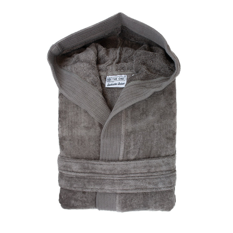 Luxe Fluwelen Badstof Badjas Capuchon Taupe One Towelling