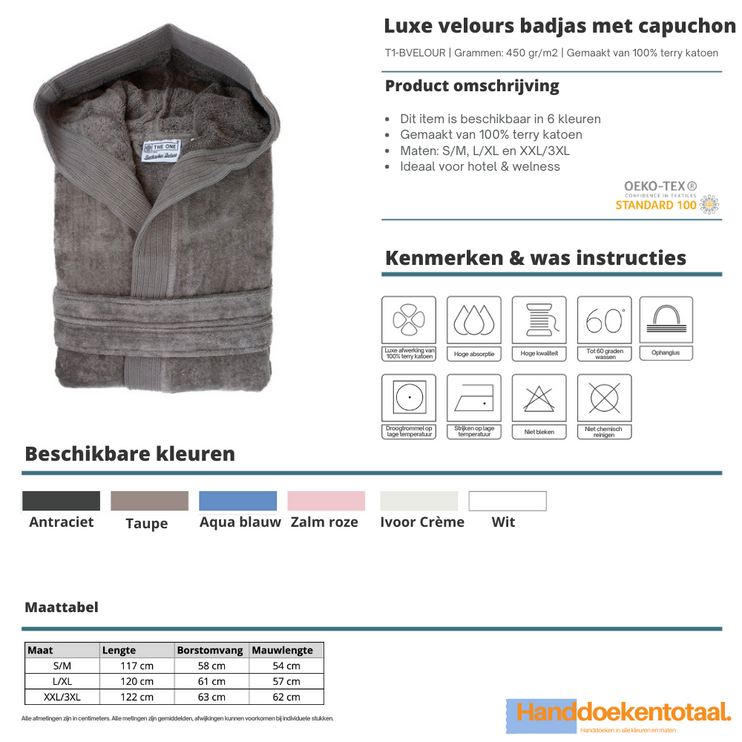 Luxe Fluwelen Badstof Badjas Capuchon Taupe One Towelling