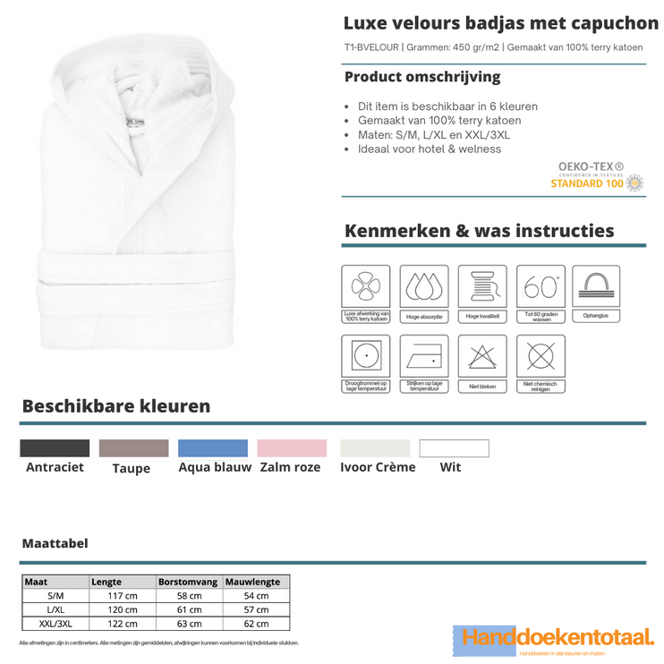 Luxe Fluwelen Badstof Badjas Capuchon Wit One Towelling