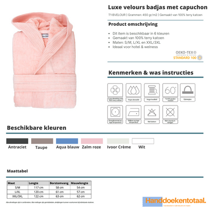 Luxe Fluwelen Badstof Badjas Capuchon Zalm Roze One Towelling