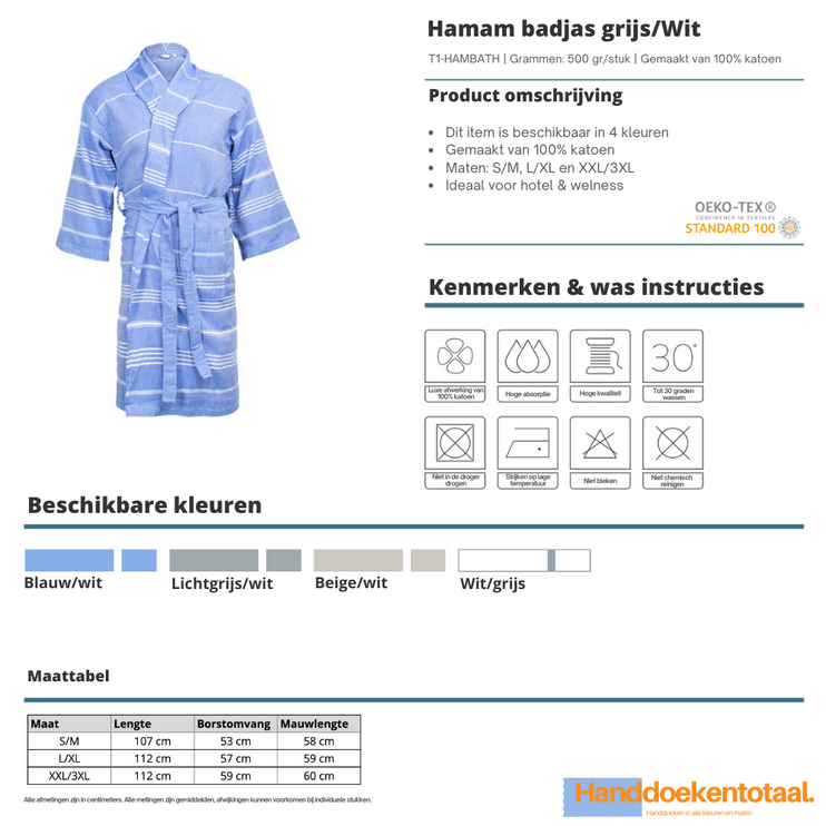 Hamam Badjas Blauw/wit One Towelling