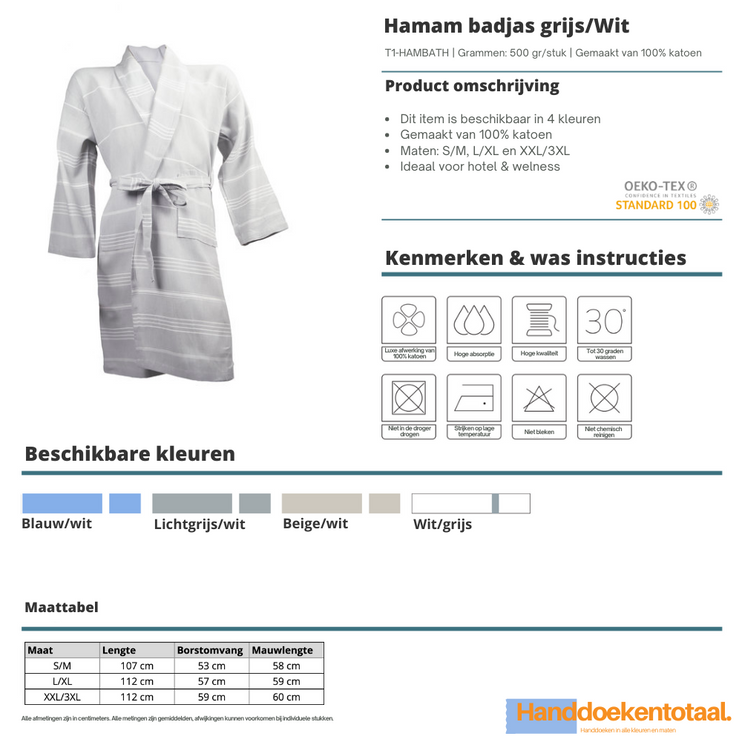 Hamam Badjas Licht Grijs/Wit One Towelling